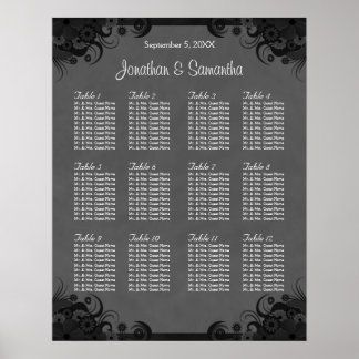 Póster Boda de Gótico negro y gris 12 Tabla de asientos