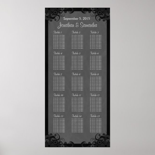 Póster Boda de Gótico negro y gris 15 Tabla de asientos (Frente)