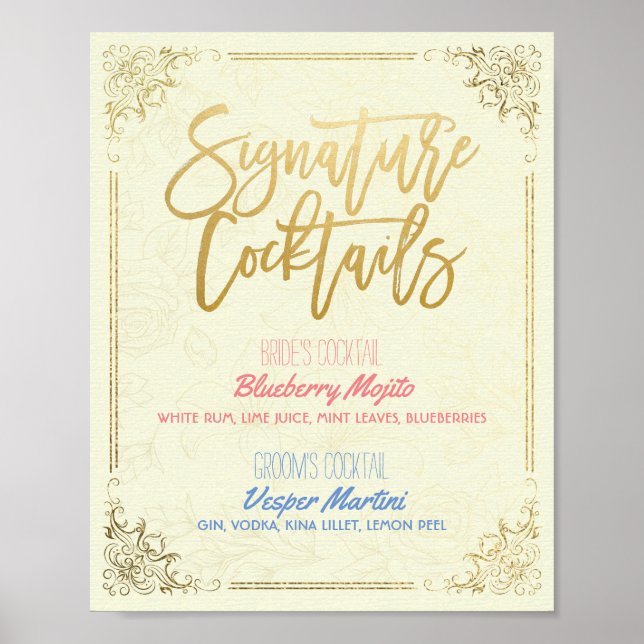 Póster Boda de guiones dorados Menú de bebidas con firma (Frente)