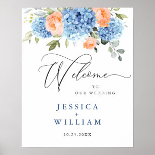 Póster Boda de Hortensias Azules Elegantes con Rosas de T