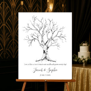 Póster boda de huellas dactilares árbol de invitado dibuj