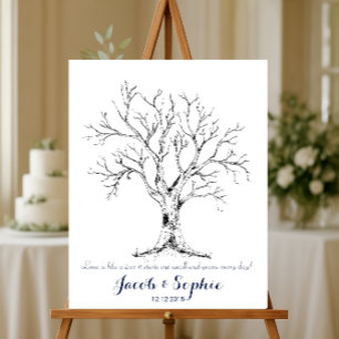 Póster boda de huellas dactilares árbol de invitado dibuj