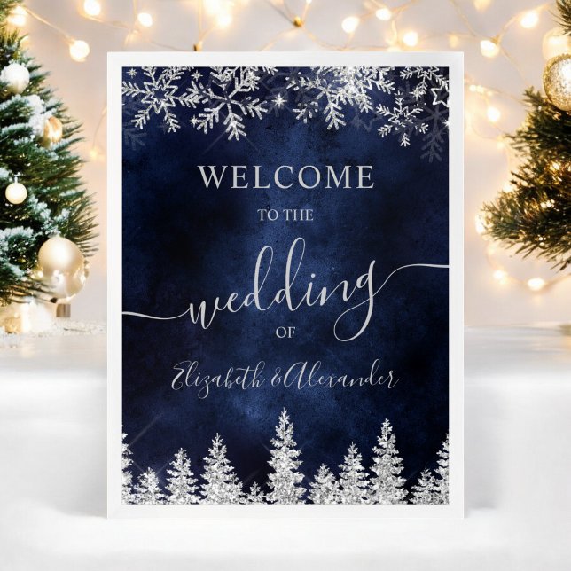 Póster Boda de invierno de Navidades de la marina de pino (Silver snow pine navy Christmas winter wedding Poster)