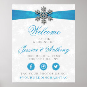 Póster Boda de Invierno Diamante Snowflake & Blue Ribbon