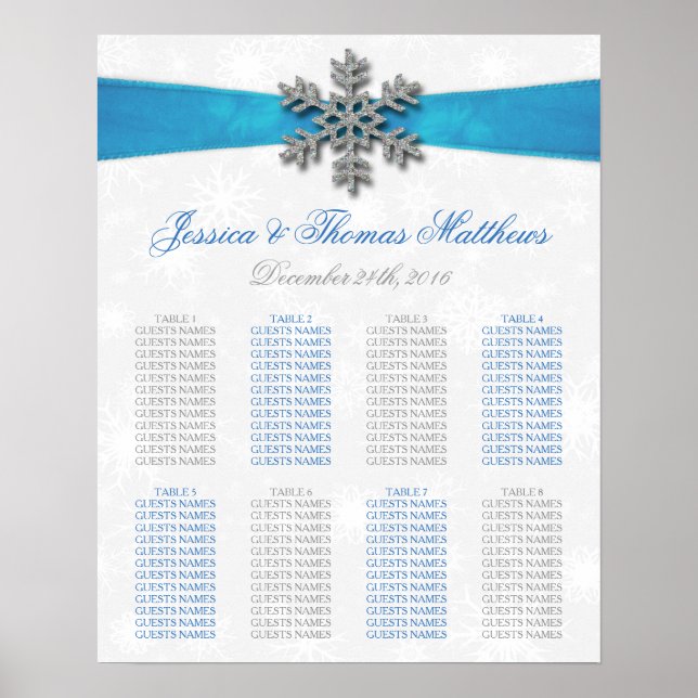 Póster Boda de Invierno Diamante Snowflake & Blue Ribbon (Frente)