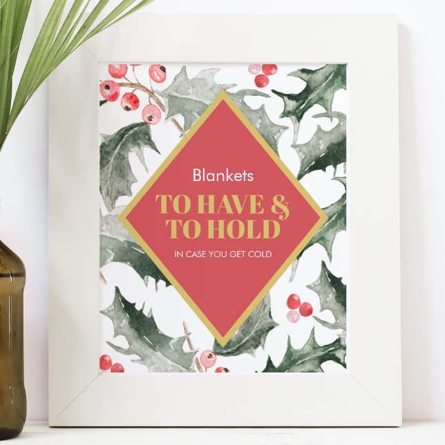 Póster Boda de invierno Rótulo acuarela Holly y Berries (Winter wedding table top sign watercolor holly and red berries To Have & To Hold blanket favors)