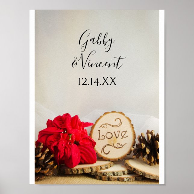 Póster Boda de invierno rústica roja de Poinsettia en el  (Frente)