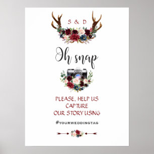 Póster Boda de la Marina Boho Merlot Floral Azul
