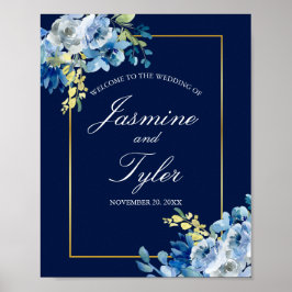 Póster Boda de la noche elegante de la floral de oro azul