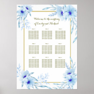 Póster boda de la tabla de asientos boda oro azul floral