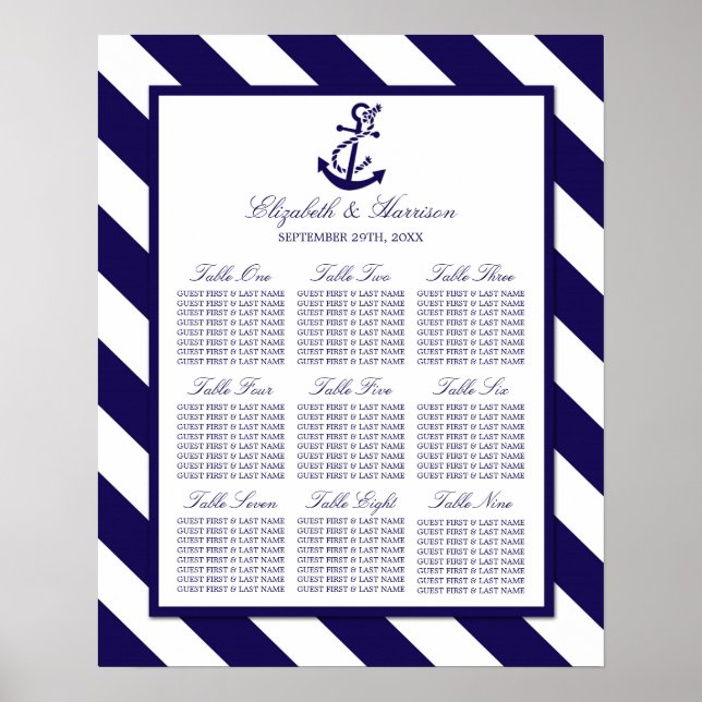 Póster Boda de las franjas náuticas y de los anclas azule (Frente)