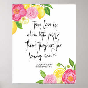 Póster Boda de limón floral rosa Bienvenida al amor verda