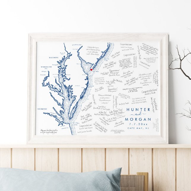 Póster Boda de mapas modernos de Cape May NJ Poster de li (Cape May, NJ Wedding alternative guest book poster is perfect for a Jersey Shore destination wedding)
