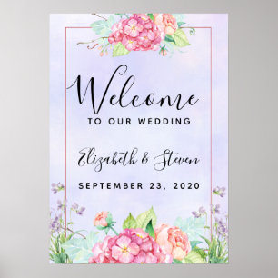 Póster Boda de marco floral de color de agua rosada moder