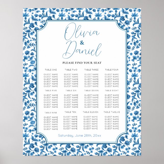 Póster Boda de mesa 12 Floral blanca azul de Chintz (Frente)