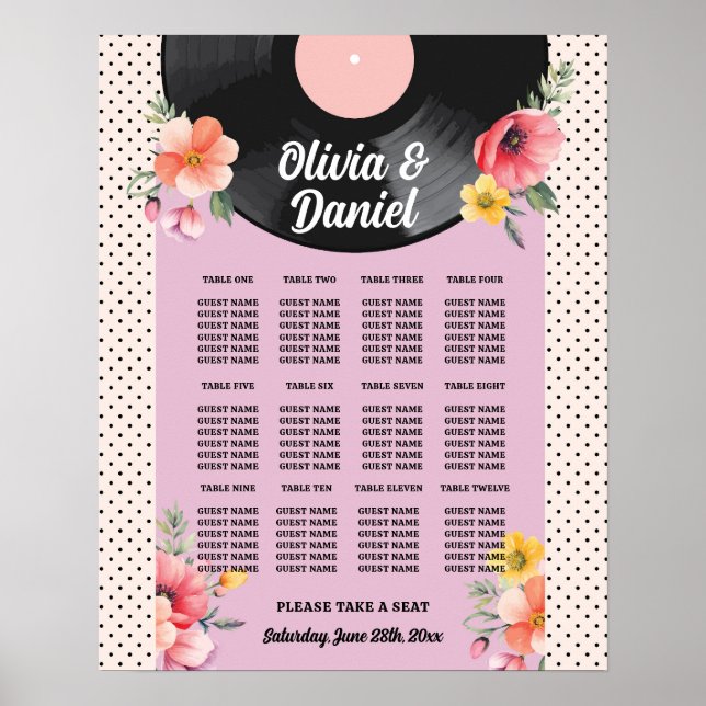 Póster Boda de mesa 12 Grabar música de los años 50 (Frente)