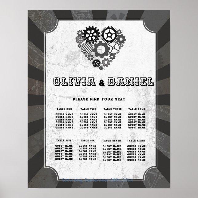 Póster Boda de mesa 8 corazones de Bodas de vapor (Frente)