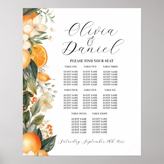 Póster Boda de mesa 8 Naranjas de cítricos florals (Frente)