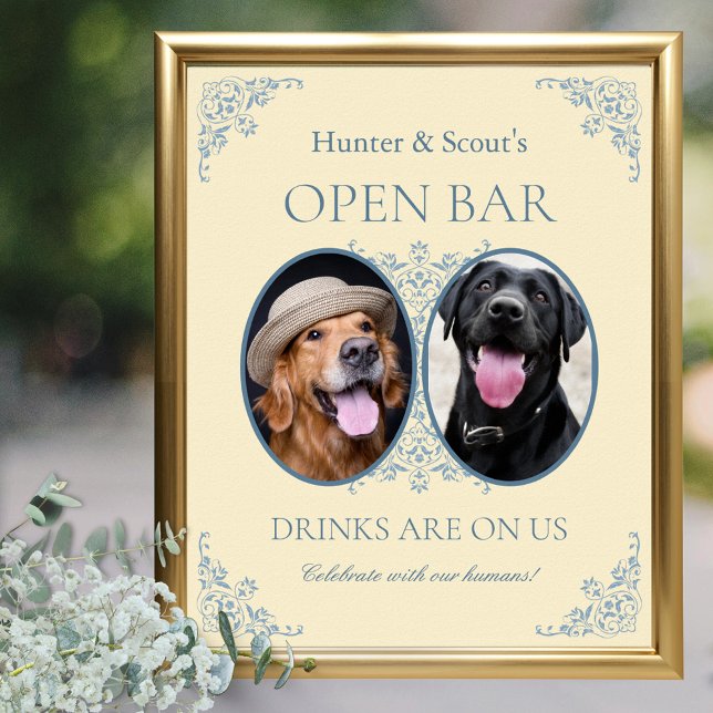 Póster Boda de Moda Amarilla Abierto Rótulo de bar (elegant butter yellow wedding open bar sign for pet lovers with 2 photos and vintage border design)