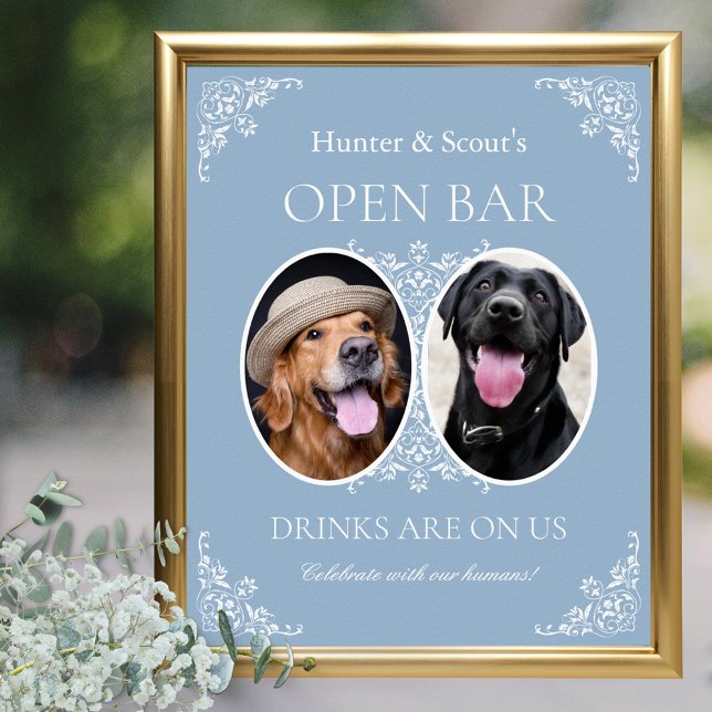 Póster Boda de Moda azul de los amantes de la mascota Rót (dusty blue elegant wedding open bar sign for pet lovers with 2 dog cat photos and celebrate humans)