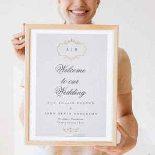 Póster boda de monograma de oro clásico romántico