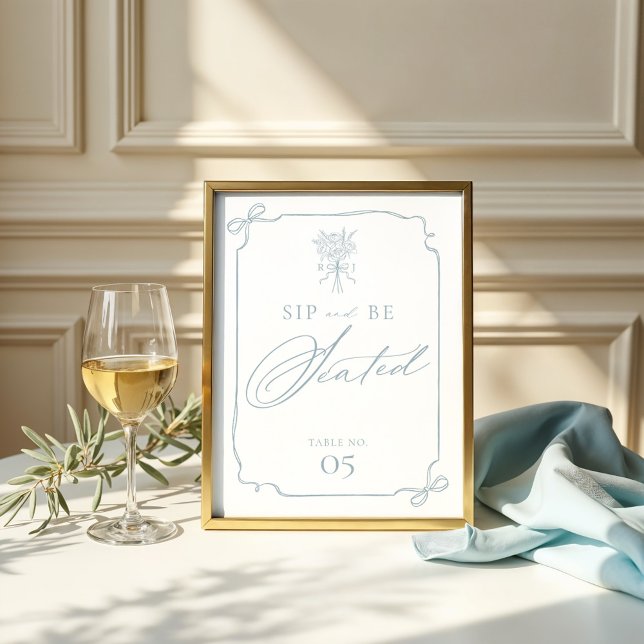 Póster Boda de monograma floral Sip & Be Bow Ribbon (Sip & Be Seated Bow Ribbon Floral Monogram Wedding Poster)