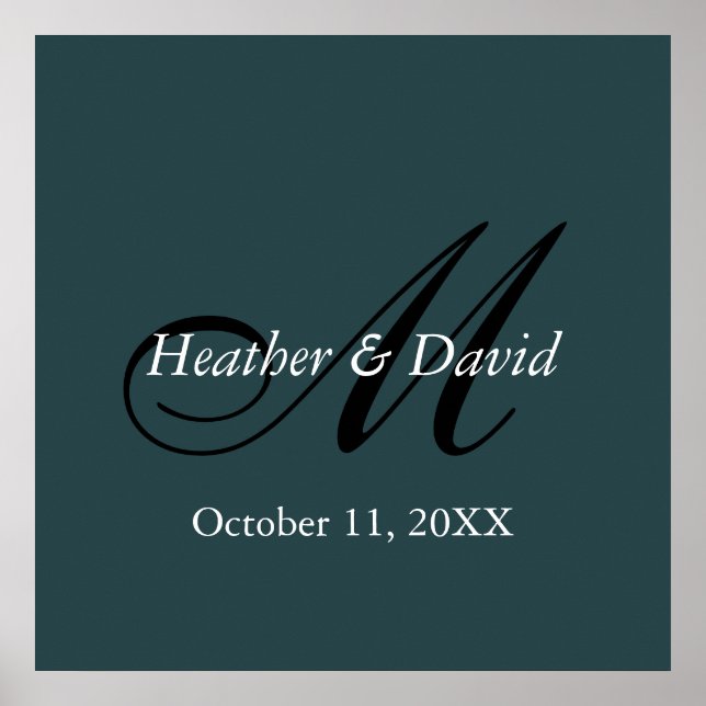 Póster Boda de monograma índigo en color estilizado (Frente)