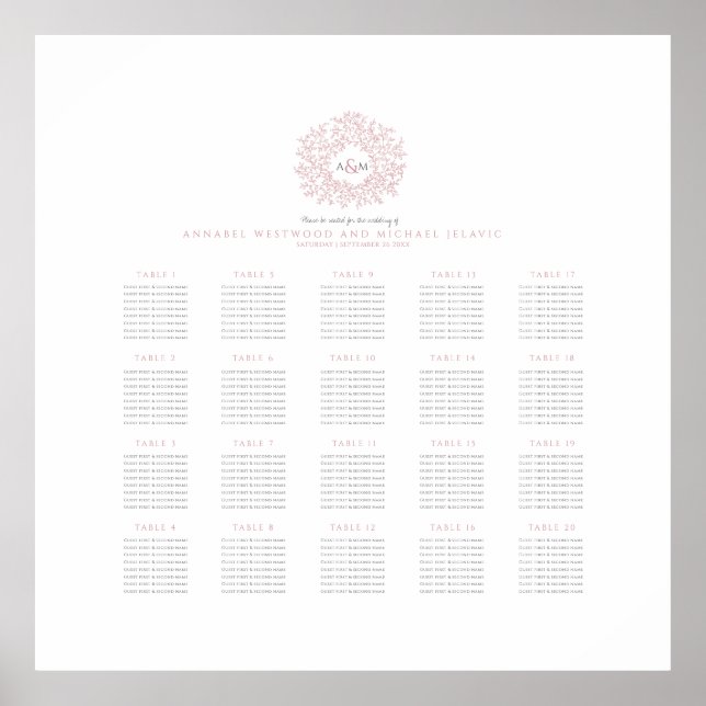 Póster boda de monograma rosa Rubor 20 tabla de asientos (Frente)