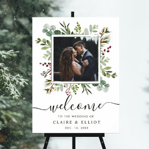 Póster Boda de Navidad Botánica Bienvenida Foto Verde
