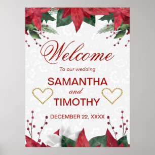 Póster Boda de Navidad de Invierno con Poinsettia Acuarel