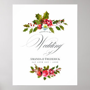 Póster Boda de Navidad Floral Acebo Acuarela Bienvenida