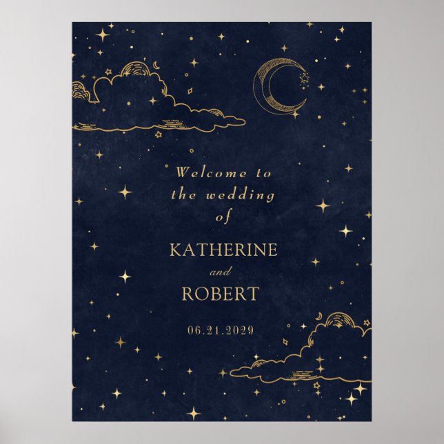Póster Boda de Nubes de Luna Dorada Celestial Mística (Frente)