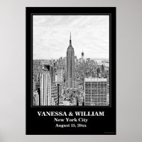 Boda de NYC Skyline ESB WTC Etch BW Poster