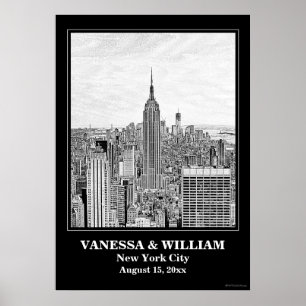 Póster Boda de NYC Skyline ESB WTC Etch BW Poster