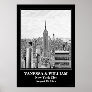 Póster Boda de NYC Skyline ESB WTC Etch BW Poster