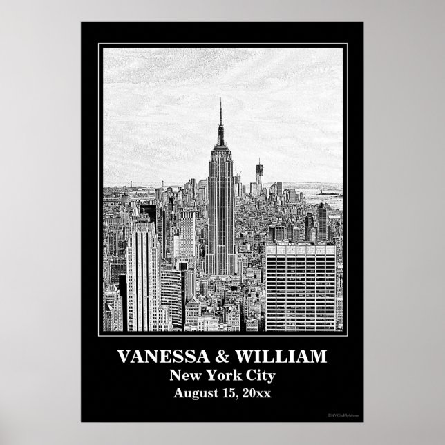 Póster Boda de NYC Skyline ESB WTC Etch BW Poster (Frente)