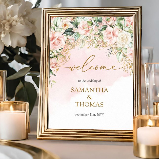 Póster Boda de oro de las rosas blandas de Coquette (Elegant soft pastel pink roses mixed greenery and gold Wedding welcome tabletop sign)