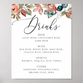 Póster Boda de Otoño Botánica Elegante | Menú de Bebidas 