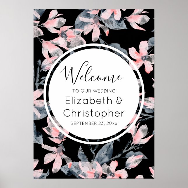 Póster Boda de patrón de acuarela floral rosa y gris (Frente)