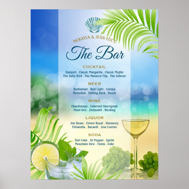 Póster Boda de playa Mojito Wine Palm Open Bar Menú (Frente)