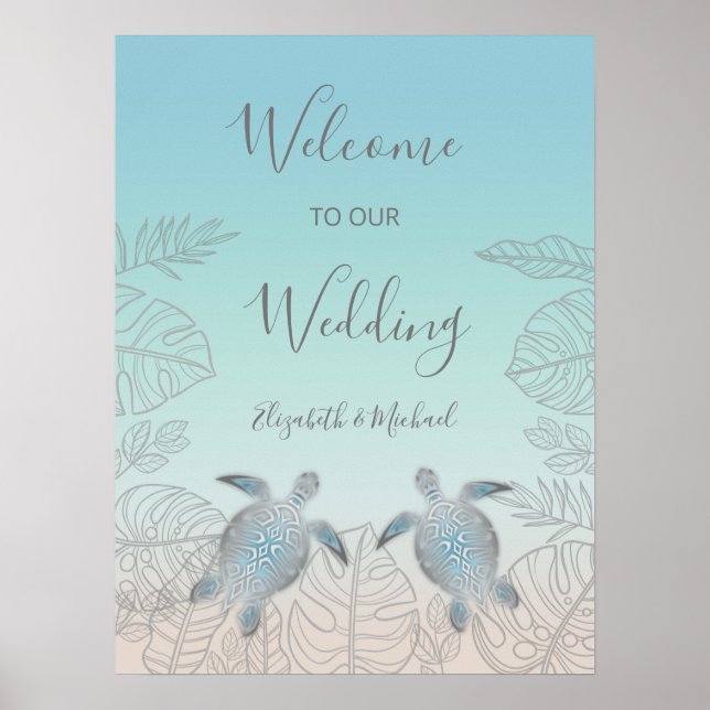 Póster Boda de playa Turquesa con tortugas plateadas (Frente)