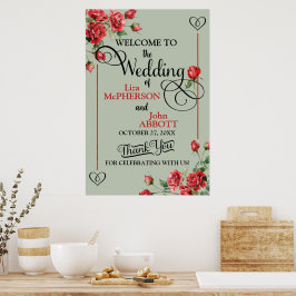 Póster Boda de rosas rojas y verdes salvia floral bonita