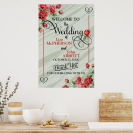 Póster Boda de rosas rojas y verdes salvia floral bonita