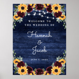 Póster Boda de Rustic Wood Sunflower Navy