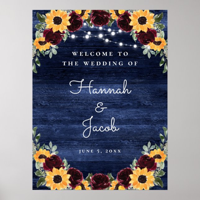 Póster Boda de Rustic Wood Sunflower Navy (Frente)