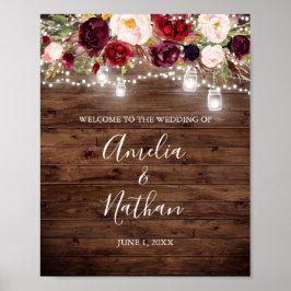 Póster Boda de Rústica Madera Borgoña Floral