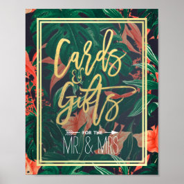 Póster Boda de tarjetas de marco dorado tropical floral