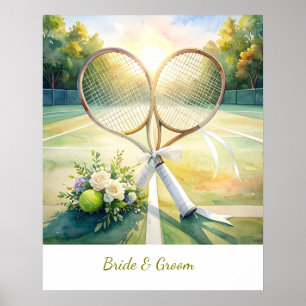 Póster Boda de tenis con raqueta en la cancha