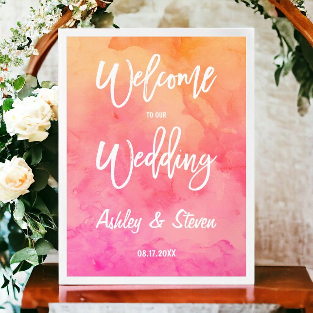 Póster Boda de tipografía de acuarela naranja rosa modern (Modern pink orange watercolor typography wedding poster)
