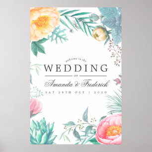 Póster Boda de verano floral menta tropical bienvenida